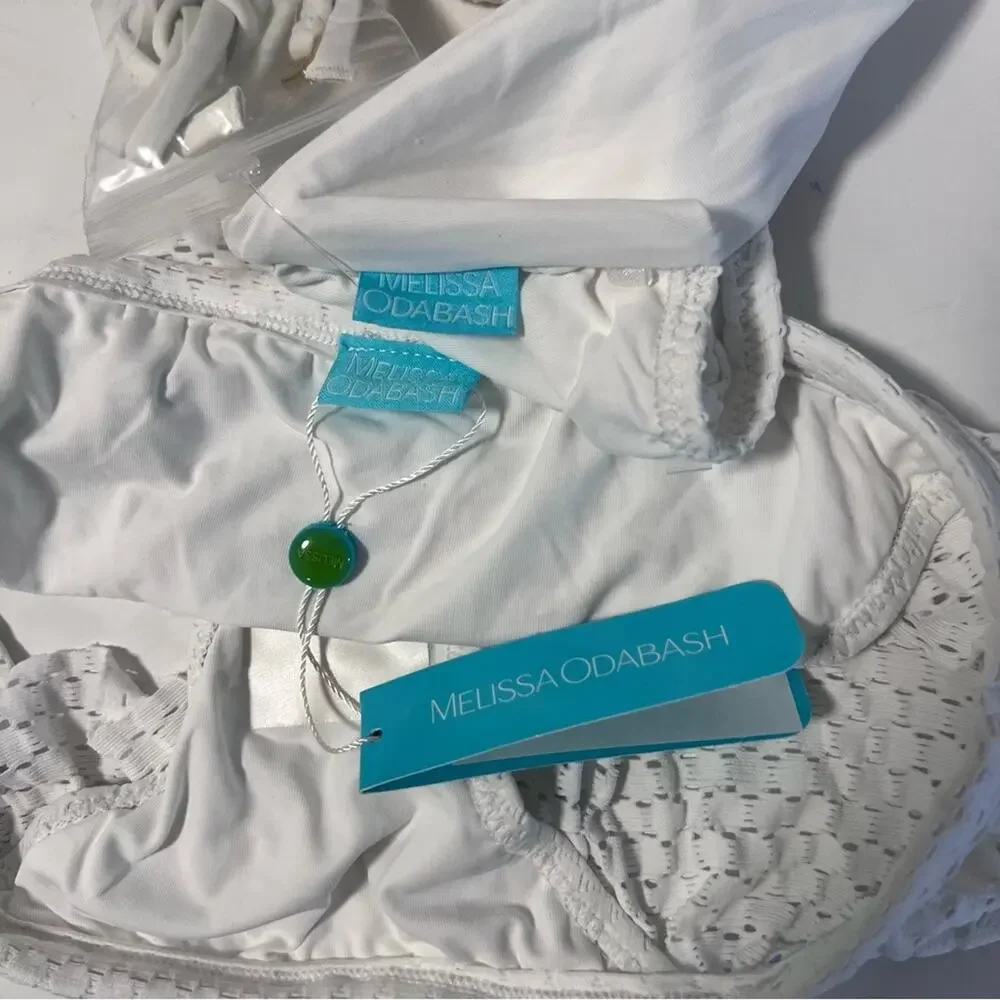 New Melissa Odabash India Crochet Ruffle Bikini Set Swim Bandeau Top White Sz 6